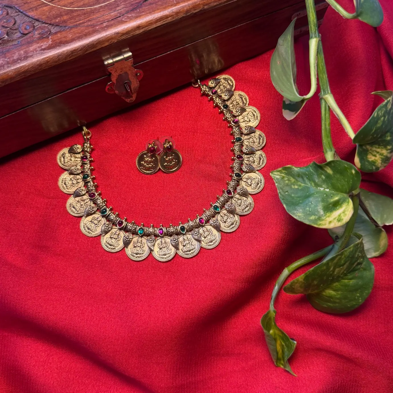 Gold Replica Antique Matte Jadau Finish Kasu Mala (Lakshmi Coin Necklace) with Manga Mottu (Mango Bud) Accents, Ruby-Emerald Kemp Cabochons & Matching Coin Stud Earrings