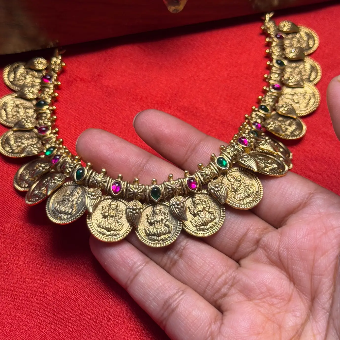 Gold Replica Antique Matte Jadau Finish Kasu Mala (Lakshmi Coin Necklace) with Manga Mottu (Mango Bud) Accents, Ruby-Emerald Kemp Cabochons & Matching Coin Stud Earrings