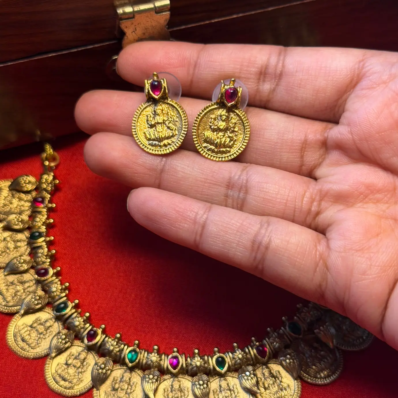 Gold Replica Antique Matte Jadau Finish Kasu Mala (Lakshmi Coin Necklace) with Manga Mottu (Mango Bud) Accents, Ruby-Emerald Kemp Cabochons & Matching Coin Stud Earrings