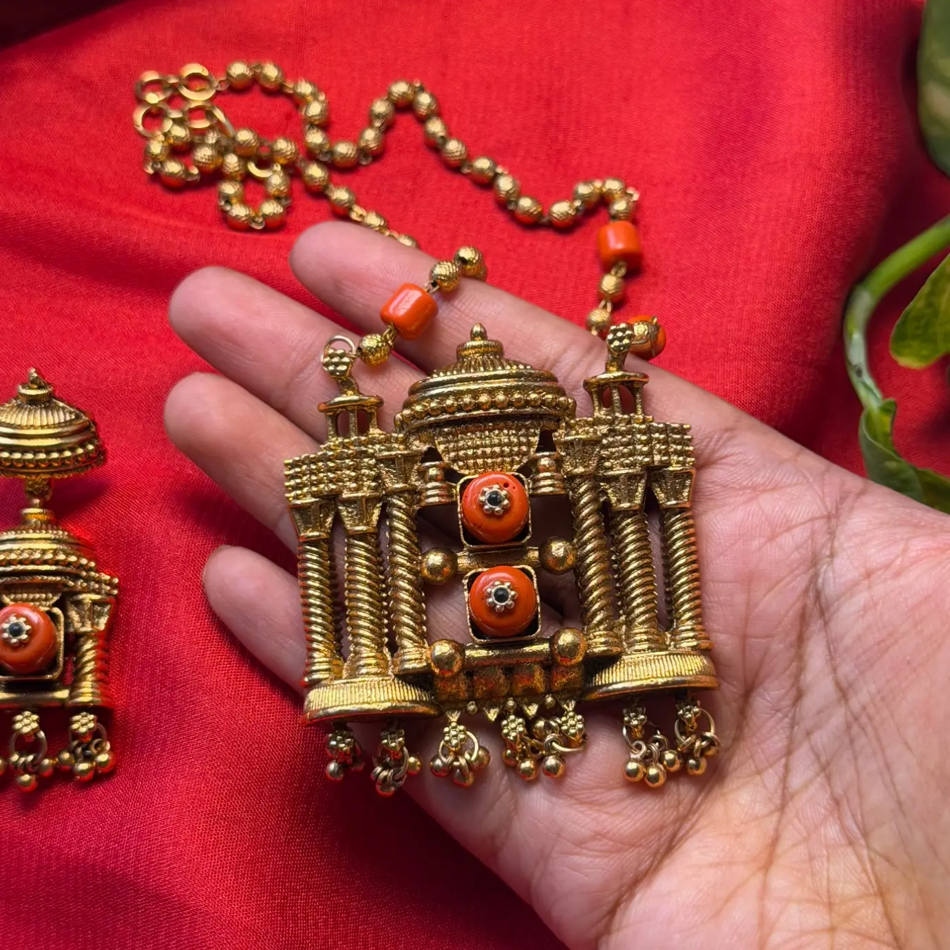 Temple Architecture Mandap Neckpiece with Coral and Polki Diamond Simulant Settings, Beaded Long Chain, and Matching Jhumka Earrings