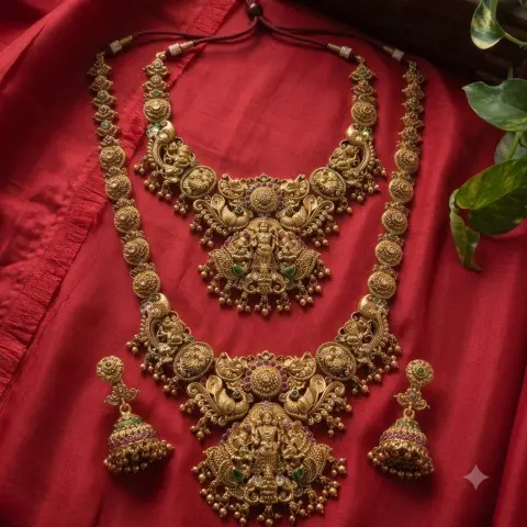 Gold Replica Antique Matte Temple Nakshi Combo Set with Seated Lord Venkateshwara (Govinda) & Peacock (Mayuri) Center Medallions, Short Neckpiece, Long Haram, and Kemp Jhumka Earrings