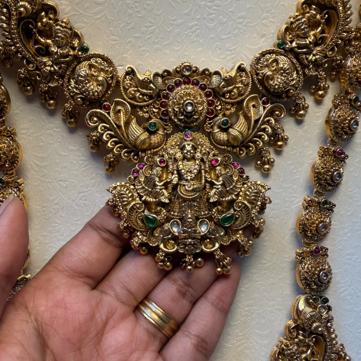 Gold Replica Antique Matte Temple Nakshi Combo Set with Seated Lord Venkateshwara (Govinda) & Peacock (Mayuri) Center Medallions, Short Neckpiece, Long Haram, and Kemp Jhumka Earrings