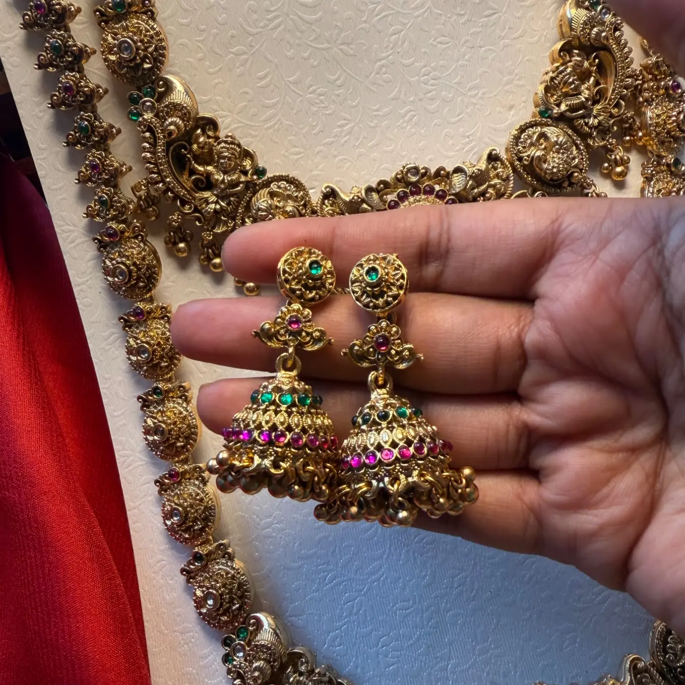 Gold Replica Antique Matte Temple Nakshi Combo Set with Seated Lord Venkateshwara (Govinda) & Peacock (Mayuri) Center Medallions, Short Neckpiece, Long Haram, and Kemp Jhumka Earrings