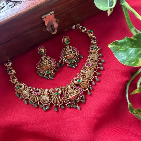 Gold Replica Antique Matte Seated Lotus Lakshmi & Mayuri (Peacock) Fan Nakshi Necklace with Ruby-Emerald Kemp Cabochons & Mint Green Bead Clusters