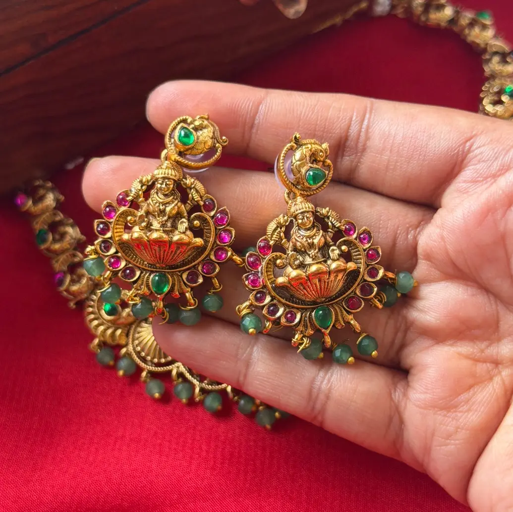 Gold Replica Antique Matte Seated Lotus Lakshmi & Mayuri (Peacock) Fan Nakshi Necklace with Ruby-Emerald Kemp Cabochons & Mint Green Bead Clusters