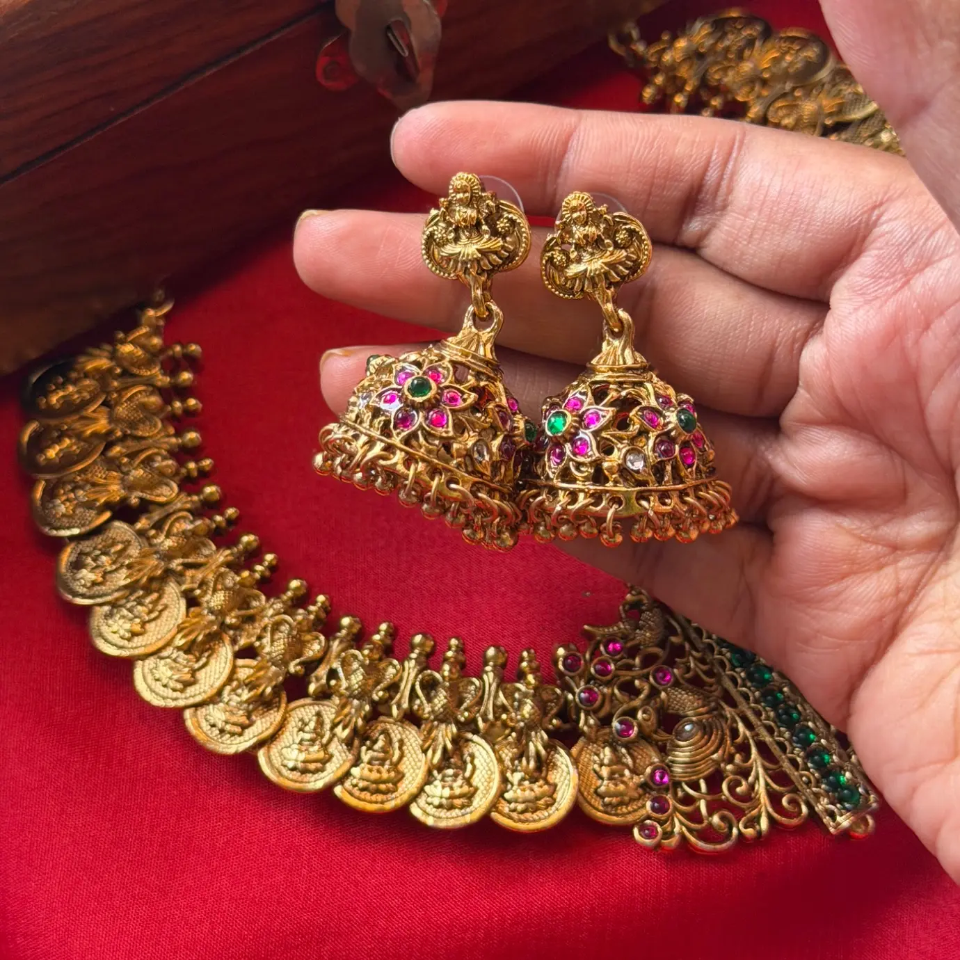 Gold Replica Antique Matte Charvi Kasu Mala (Lakshmi Coin Necklace) with Asymmetrical Filigree Peacock Side Brooch, Emerald-Ruby Kemp Bar & Kemp Jhumkas