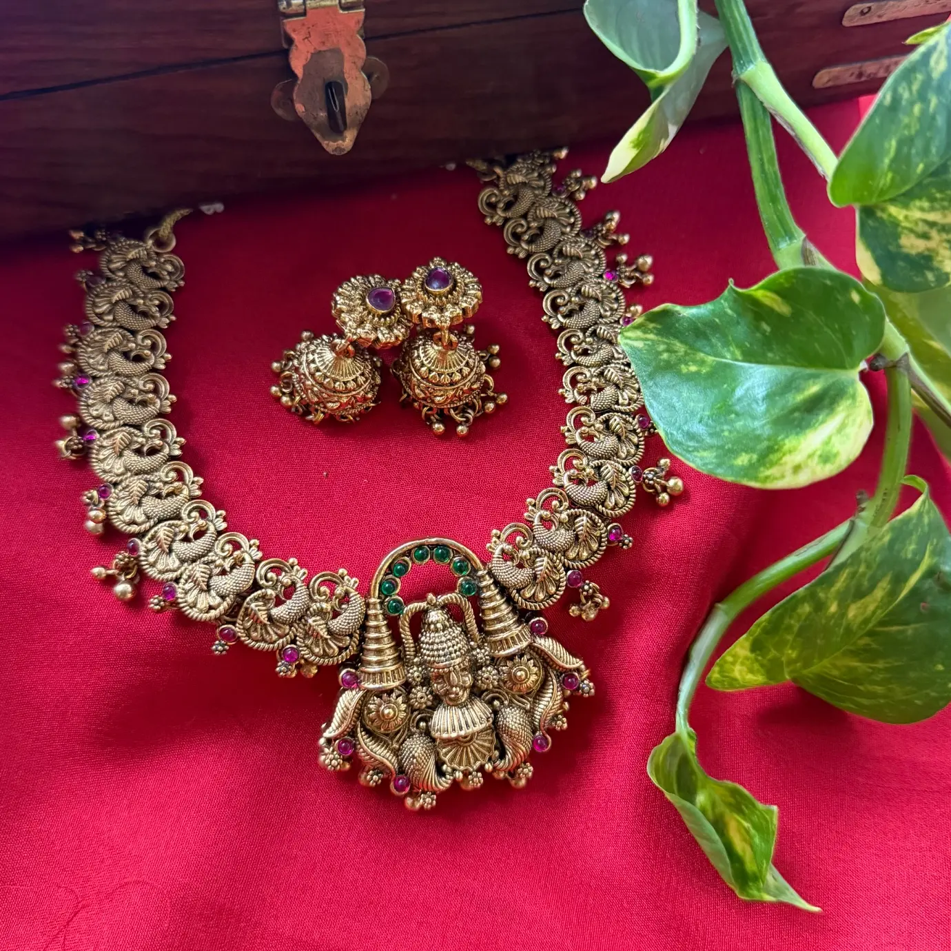 Gold Replica Antique Lord Balaji / Govinda Temple Nakshi Necklace Set – Peacock Scroll Chain, Emerald Arch, Ruby Kemp Stones & Matching Jhumkas
