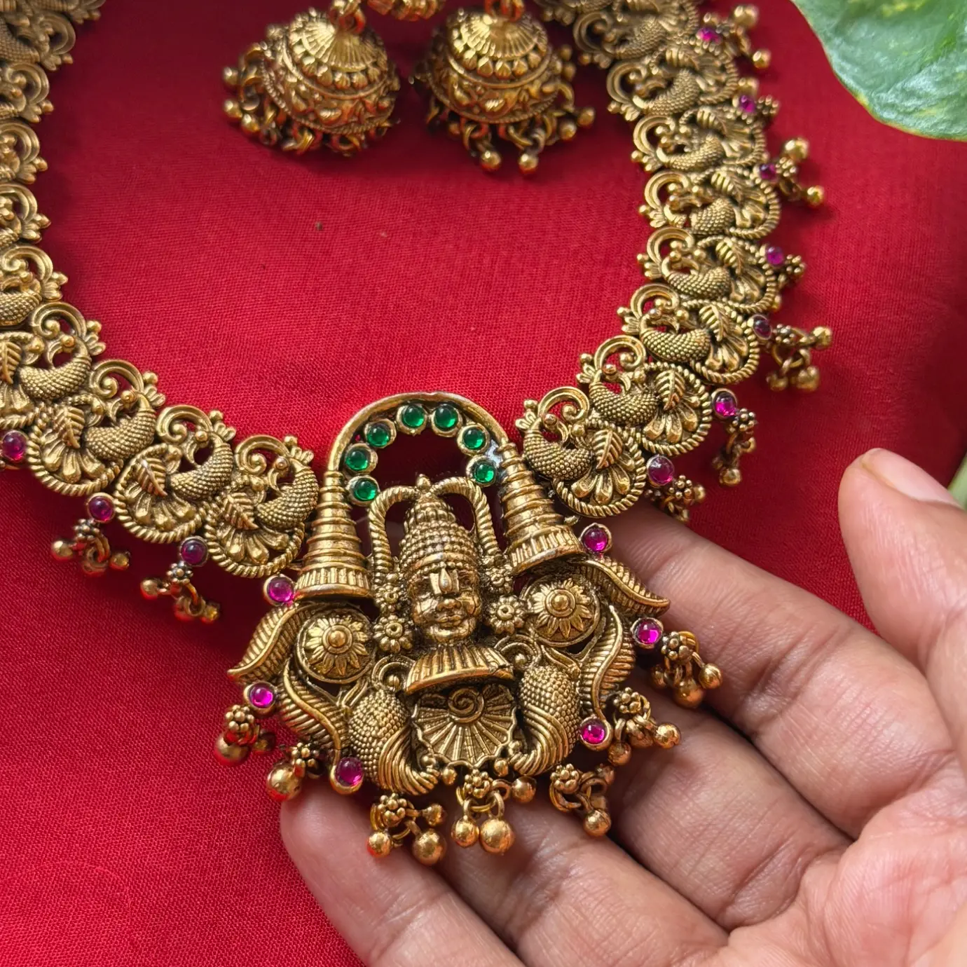 Gold Replica Antique Lord Balaji / Govinda Temple Nakshi Necklace Set – Peacock Scroll Chain, Emerald Arch, Ruby Kemp Stones & Matching Jhumkas