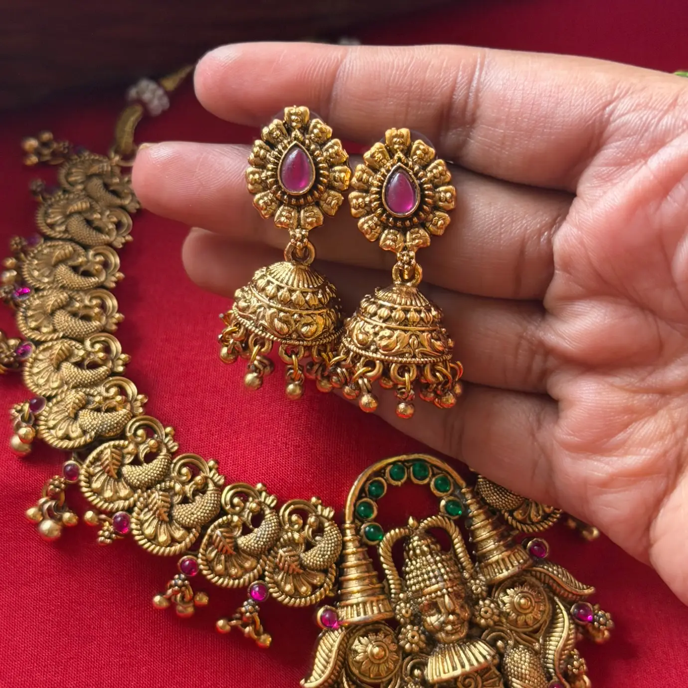 Gold Replica Antique Lord Balaji / Govinda Temple Nakshi Necklace Set – Peacock Scroll Chain, Emerald Arch, Ruby Kemp Stones & Matching Jhumkas