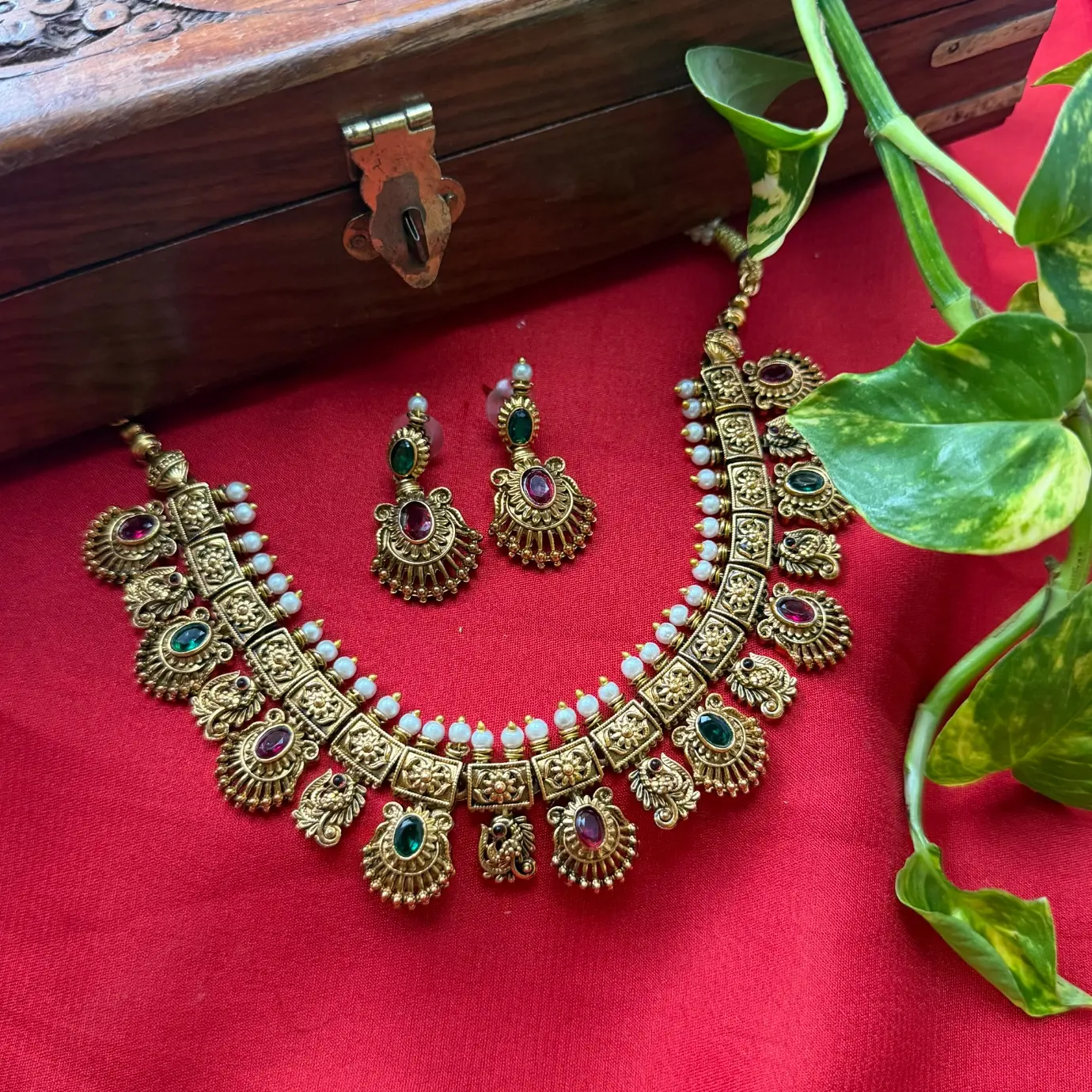 Gold Replica Antique Temple Architectural Block Necklace Set – Alternating Ruby & Emerald Cabochons, Seed Pearl Border & Matching Drop Earrings