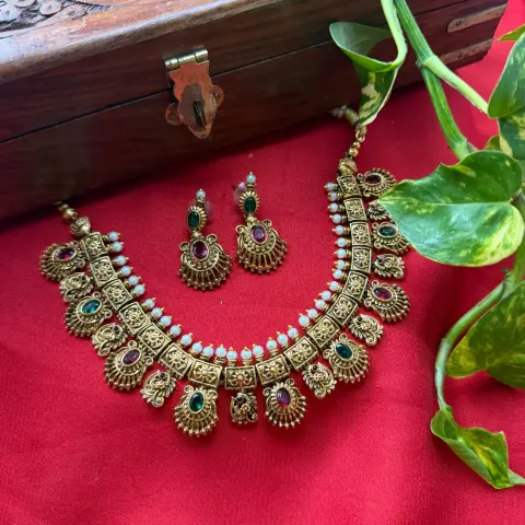 Gold Replica Antique Temple Architectural Block Necklace Set – Alternating Ruby & Emerald Cabochons, Seed Pearl Border & Matching Drop Earrings