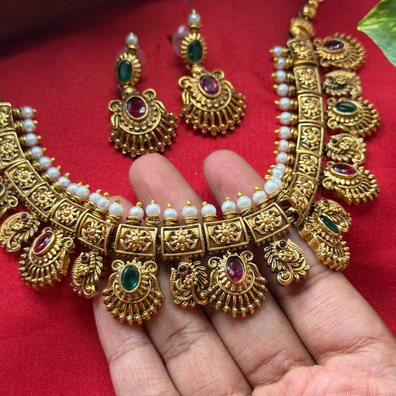 Gold Replica Antique Temple Architectural Block Necklace Set – Alternating Ruby & Emerald Cabochons, Seed Pearl Border & Matching Drop Earrings