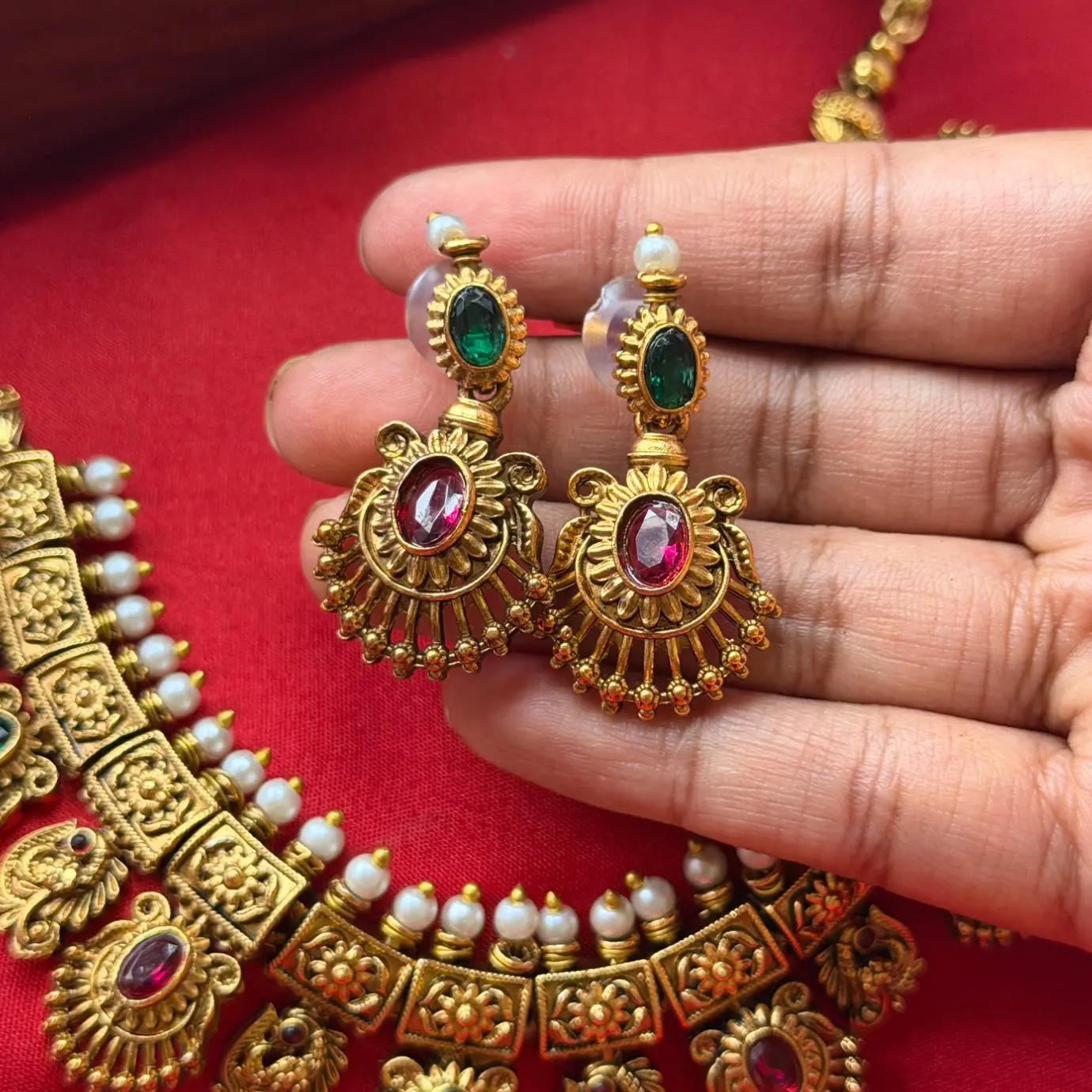 Gold Replica Antique Temple Architectural Block Necklace Set – Alternating Ruby & Emerald Cabochons, Seed Pearl Border & Matching Drop Earrings