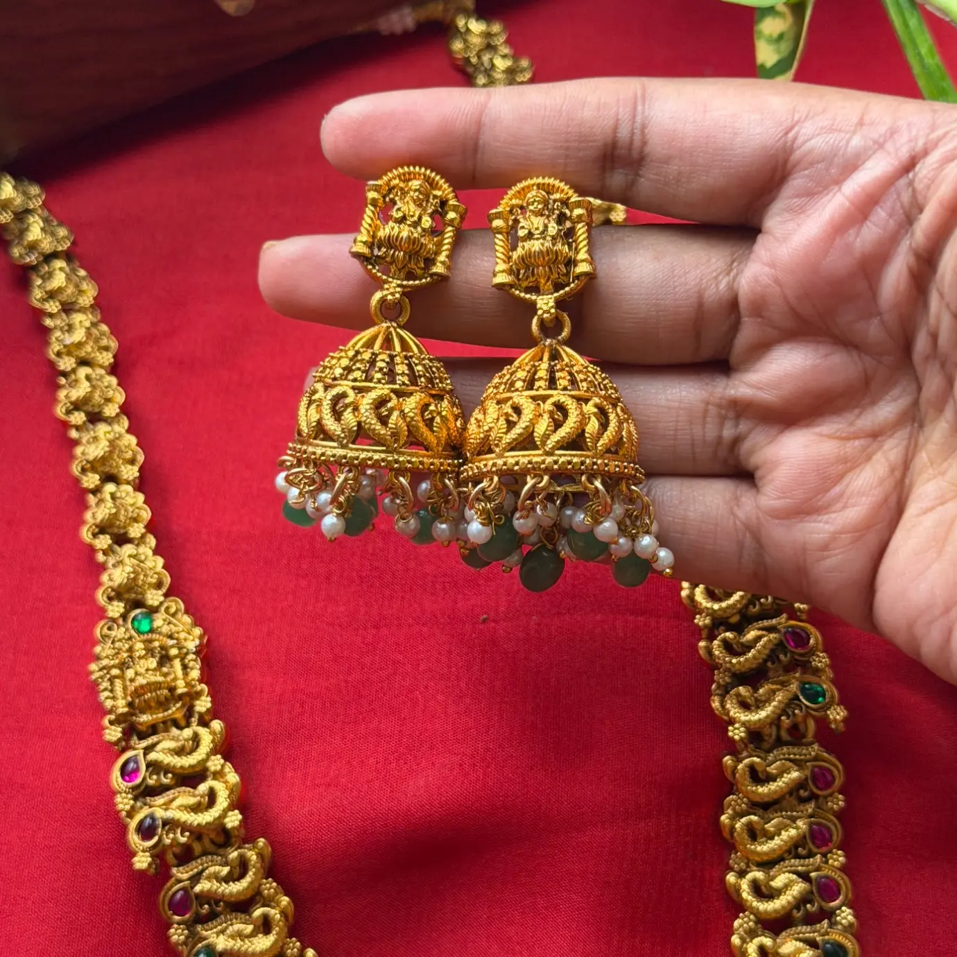 Temple Nakshi Long Haram Set – Seated Goddess Lakshmi & Govinda Shrine Pendant, Green Bead Drops & Matching Jhumka Earrings