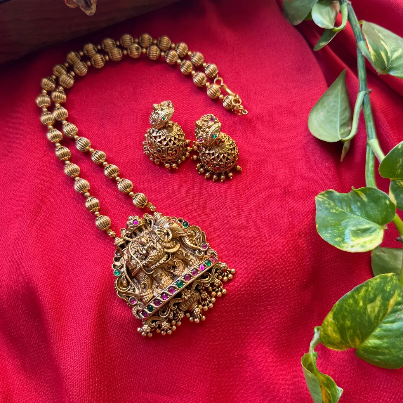 Gajalakshmi & Sacred Elephant Pendant Long Necklace Set – Fluted Bead Mala, Ruby-Emerald Kemp Accents & Grand Temple Jhumkas