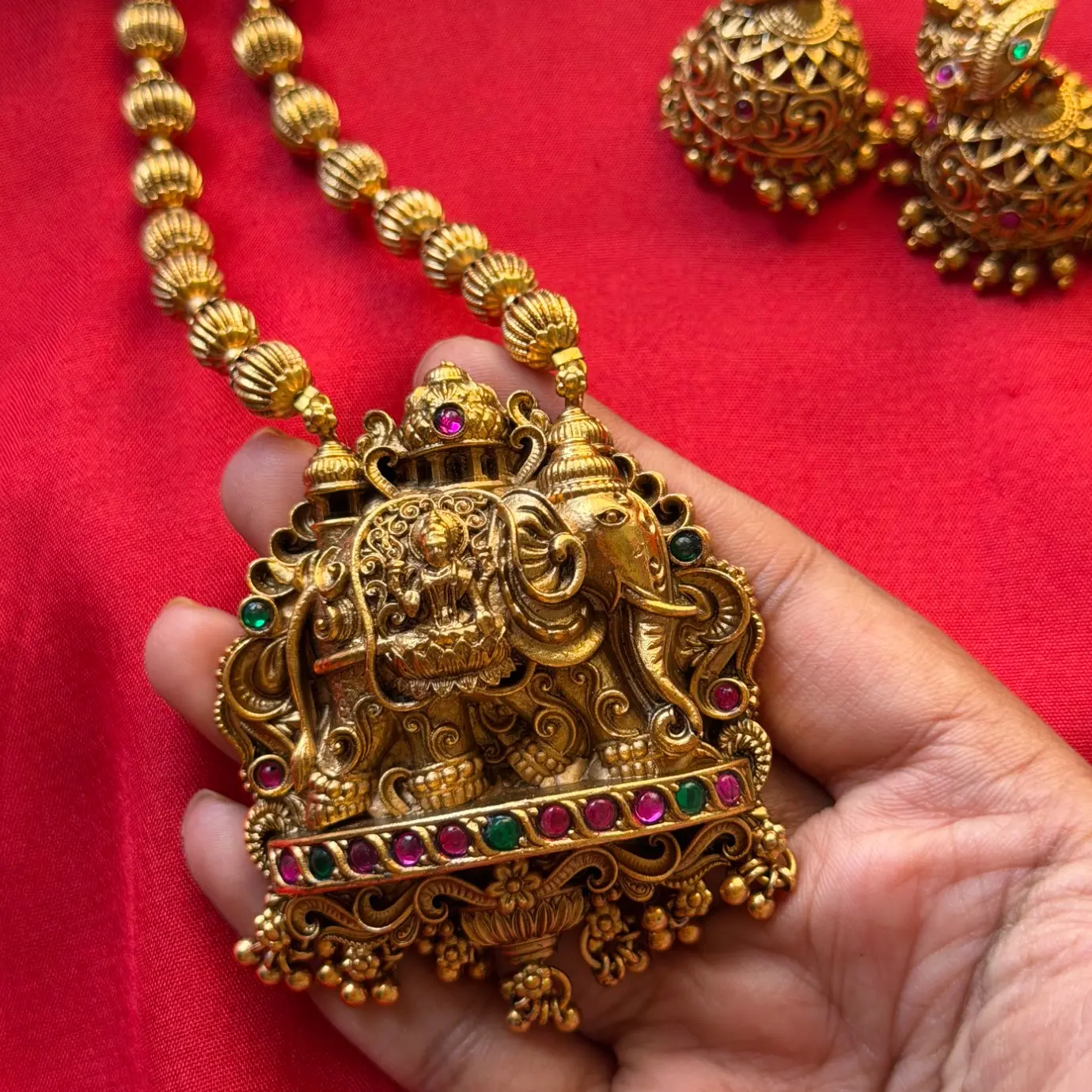 Gajalakshmi & Sacred Elephant Pendant Long Necklace Set – Fluted Bead Mala, Ruby-Emerald Kemp Accents & Grand Temple Jhumkas