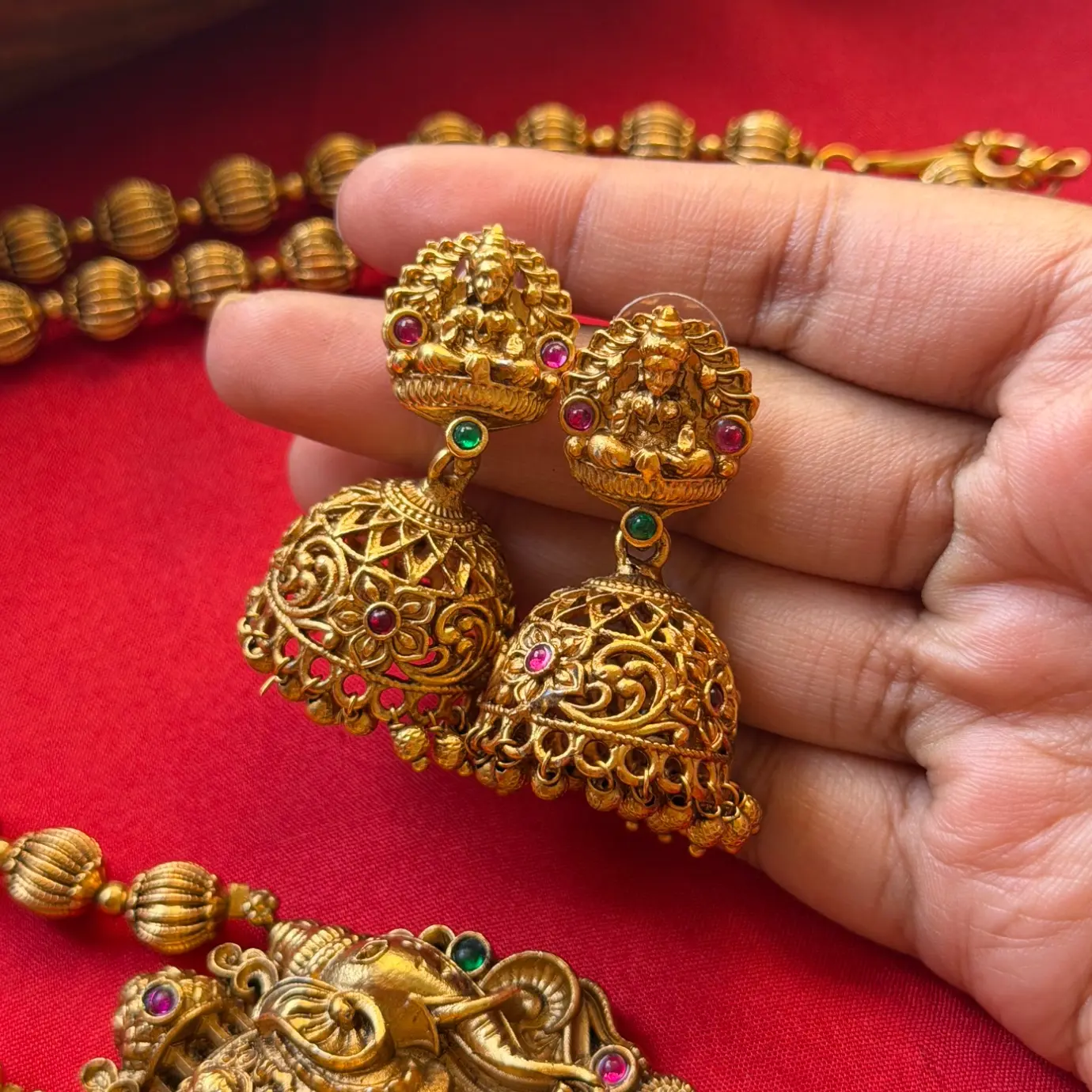Gajalakshmi & Sacred Elephant Pendant Long Necklace Set – Fluted Bead Mala, Ruby-Emerald Kemp Accents & Grand Temple Jhumkas