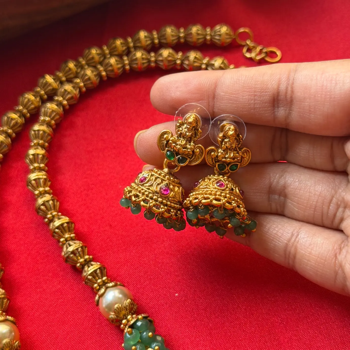Goddess Lakshmi Circular Medallion Pendant Long Necklace Set – Fluted Bead Mala, Emerald-Ruby Kemp Accents, Mint Green Beads & Matching Jhumkas