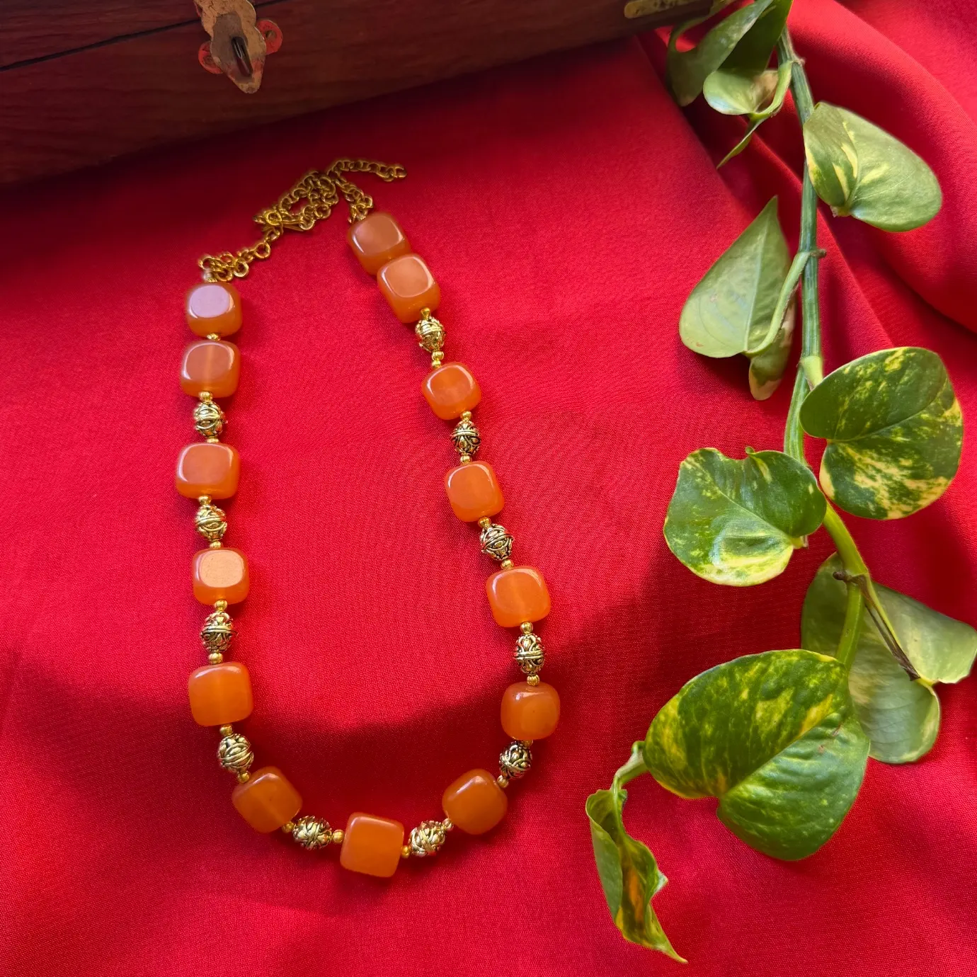 Amber Cushion-Cut Gemstone Bead Necklace – Filigree Spacer Balls & Adjustable Gold Chain