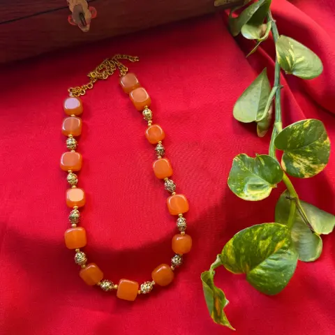 Amber Cushion-Cut Gemstone Bead Necklace – Filigree Spacer Balls & Adjustable Gold Chain