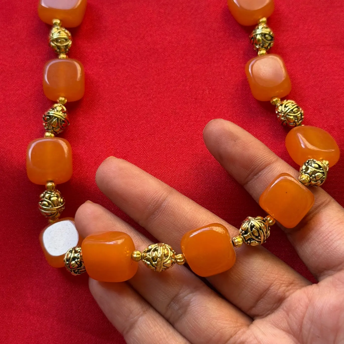 Amber Cushion-Cut Gemstone Bead Necklace – Filigree Spacer Balls & Adjustable Gold Chain