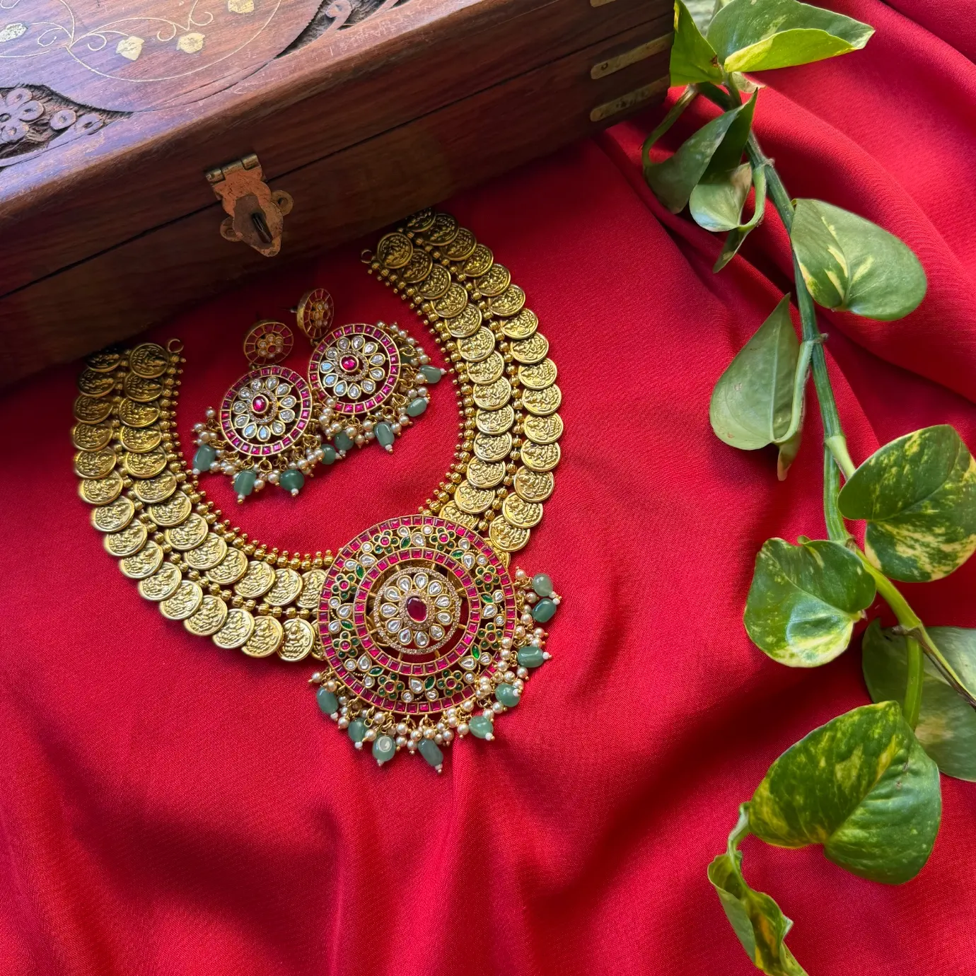 Premium Brass Kasu Mala Set – Circular Jadau Medallion, Uncut CZ Polki, Ruby-Emerald Kemp Accents & Mint Green Beads