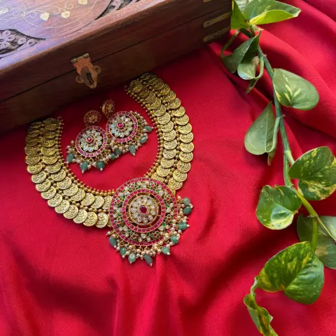 Premium Brass Kasu Mala Set – Circular Jadau Medallion, Uncut CZ Polki, Ruby-Emerald Kemp Accents & Mint Green Beads