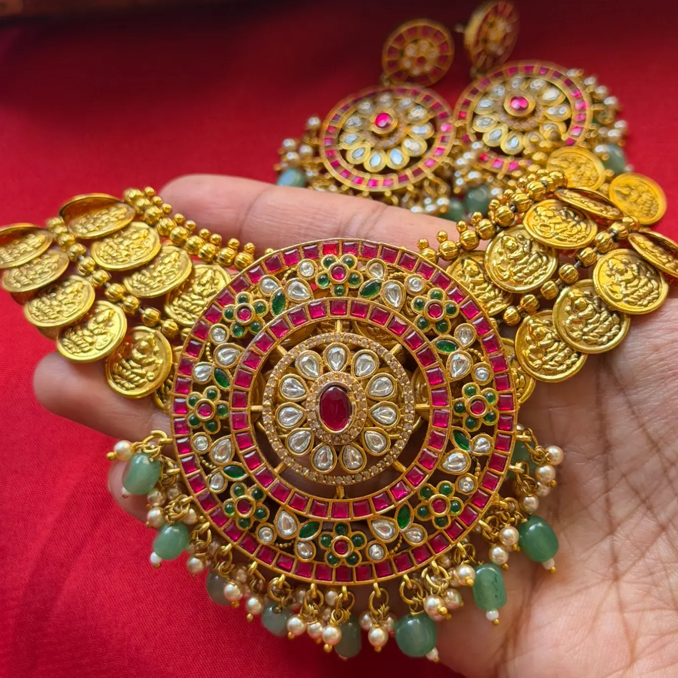 Premium Brass Kasu Mala Set – Circular Jadau Medallion, Uncut CZ Polki, Ruby-Emerald Kemp Accents & Mint Green Beads