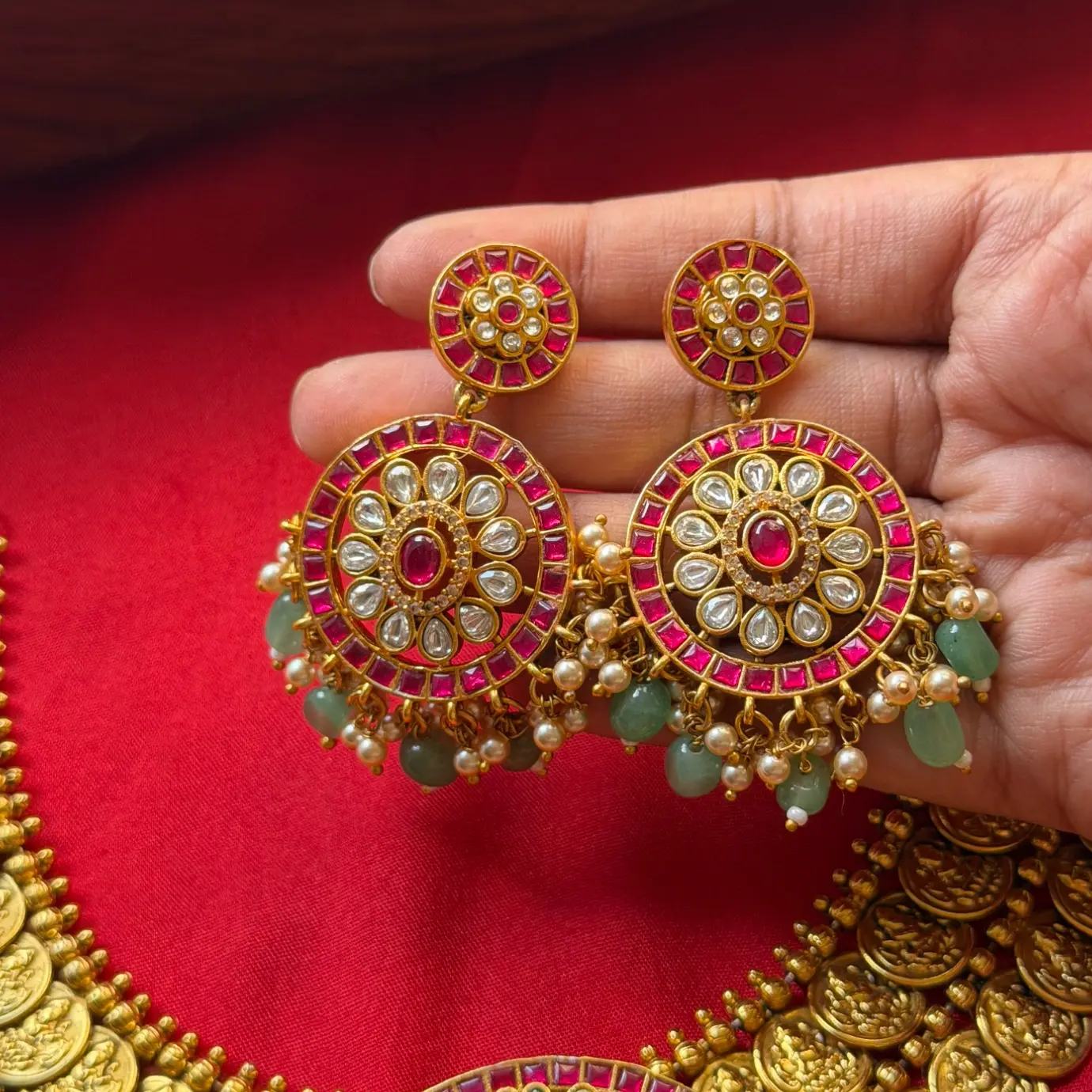 Premium Brass Kasu Mala Set – Circular Jadau Medallion, Uncut CZ Polki, Ruby-Emerald Kemp Accents & Mint Green Beads