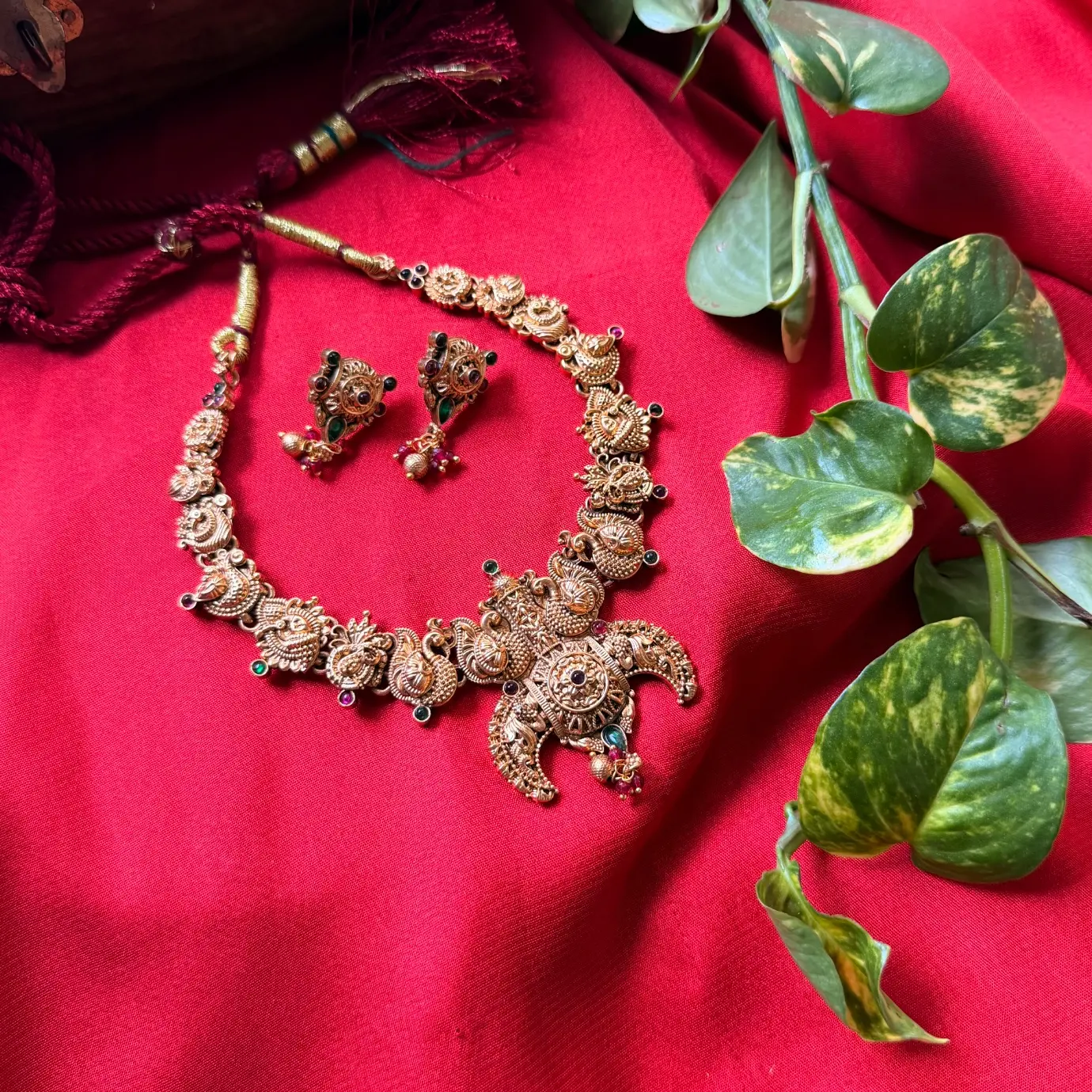 Gold Replica Antique Crescent Temple Nakshi Necklace Set – Flying Peacock Motifs, Ruby-Emerald Kemp Accents & Matching Earrings