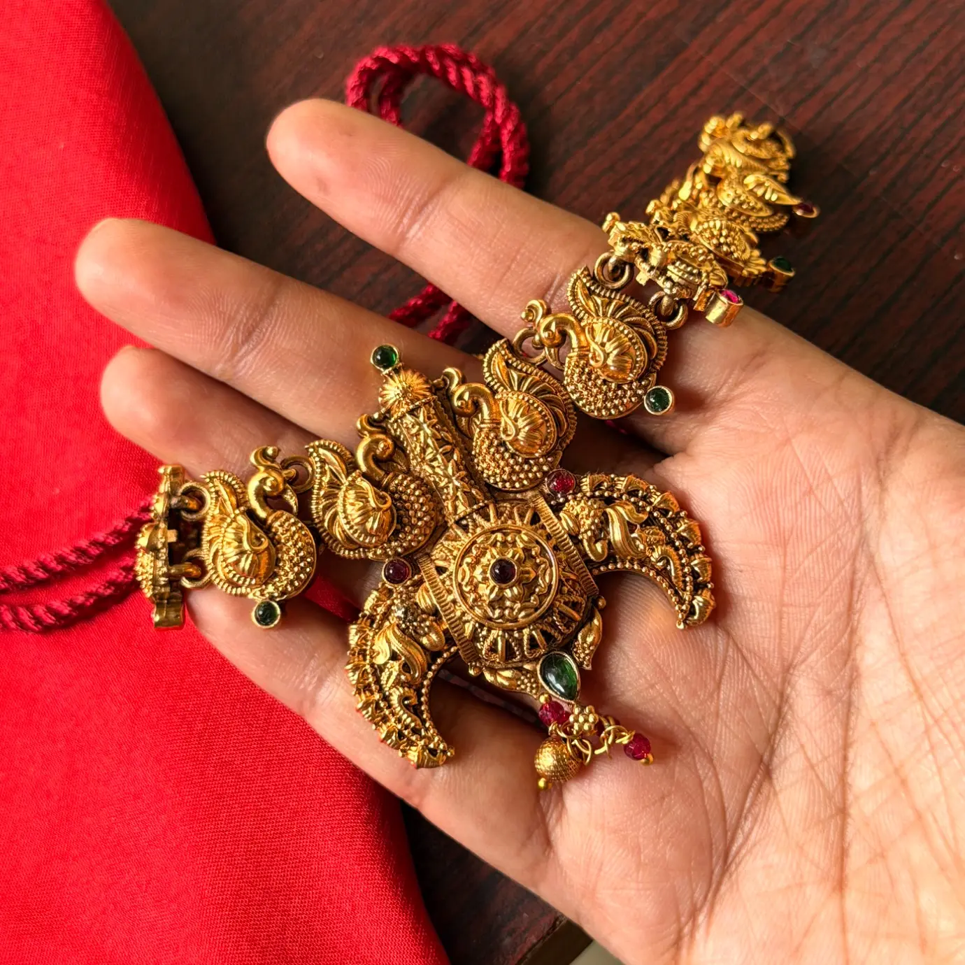 Gold Replica Antique Crescent Temple Nakshi Necklace Set – Flying Peacock Motifs, Ruby-Emerald Kemp Accents & Matching Earrings