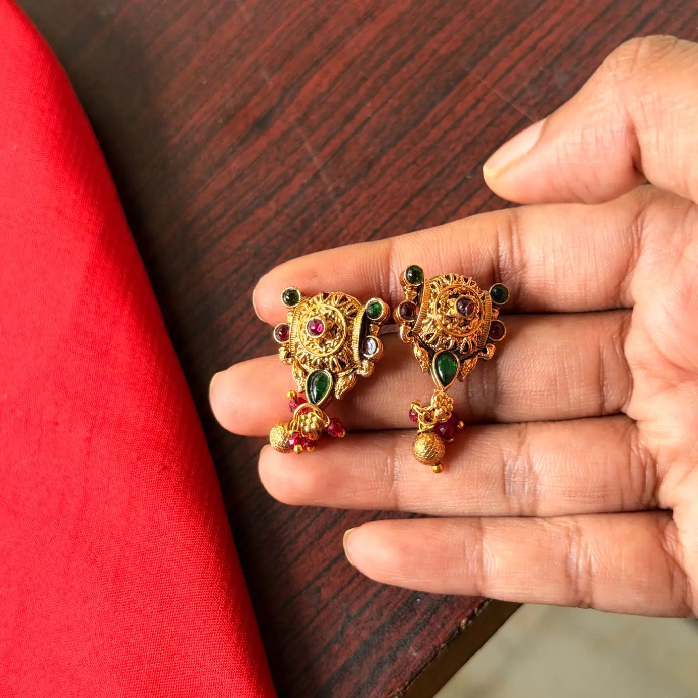 Gold Replica Antique Crescent Temple Nakshi Necklace Set – Flying Peacock Motifs, Ruby-Emerald Kemp Accents & Matching Earrings