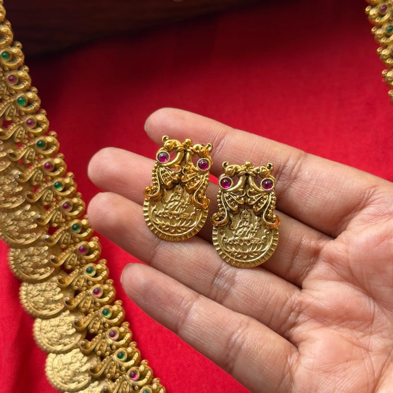 Gold Replica Antique Ahaana Krishna Inspired Grand Kasu Mala Long Haram Set – Peacock Motif Border, Ruby-Emerald Kemp Stones & Coin Earrings