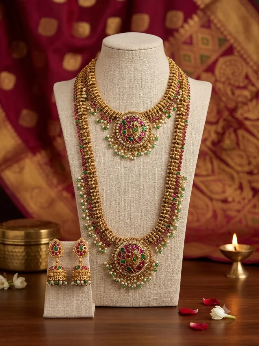 Royal Jadau Replica Bridal Necklace & Haram Combo Set – Dual Circular Peacock Medallions, Fluted Bead Chains, Kemp Stones & Matching Jhumkas