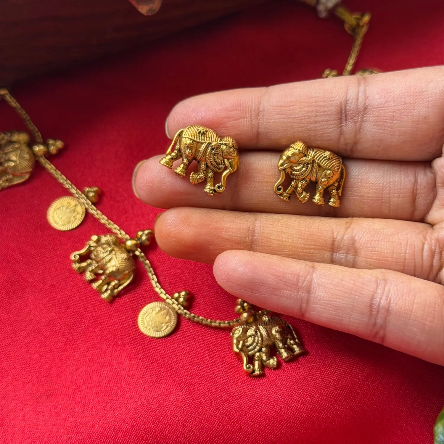 Sacred Elephant & Coin Charm Necklace Set – Micro-Beaded Chain with Sculpted Elephants, Mini Kasu Charms & Matching Elephant Studs