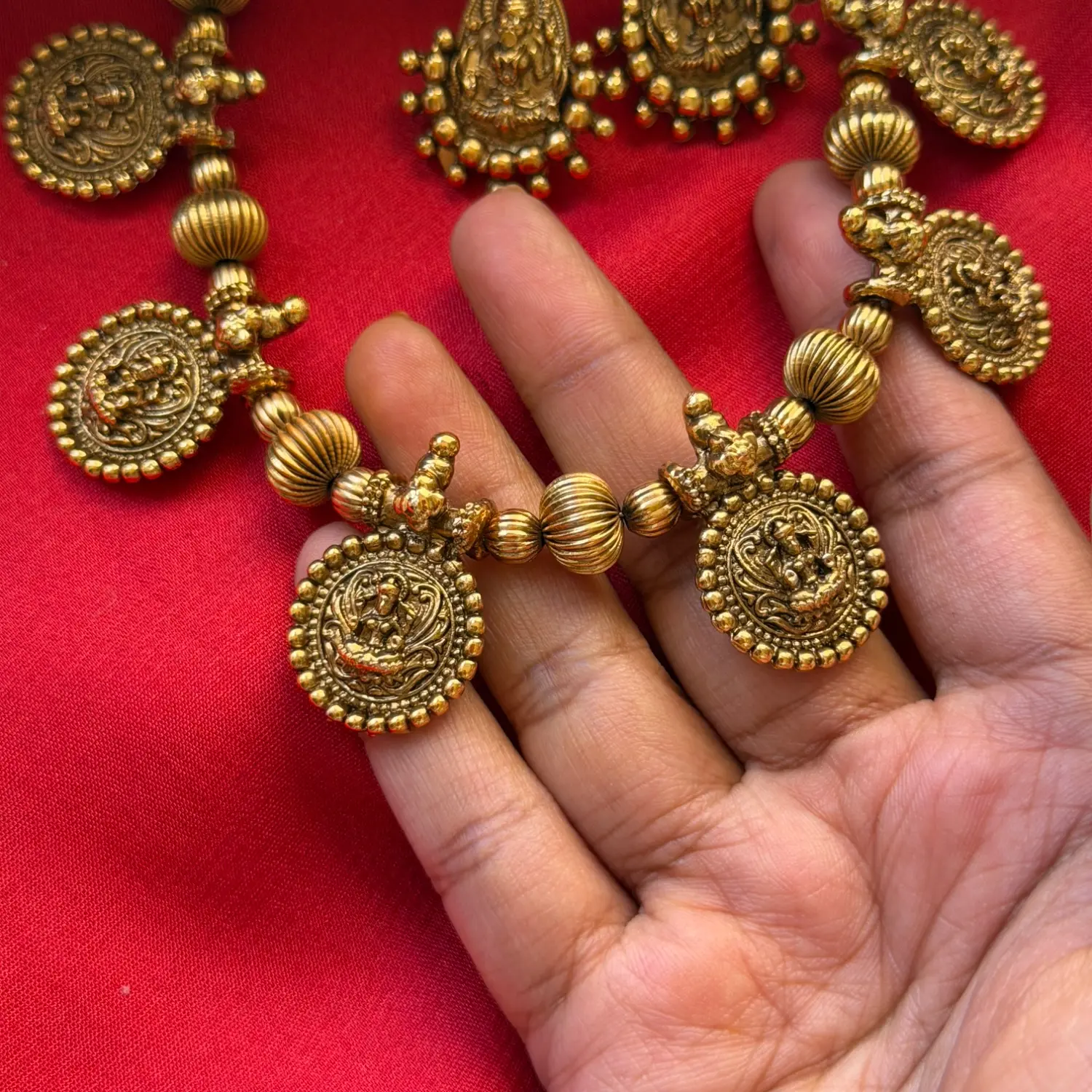 Gold Replica Antique Temple Goddess Lakshmi Coin Medallion Necklace Set – Fluted Bead Spacer Chain & Matching Lakshmi Stud Earrings