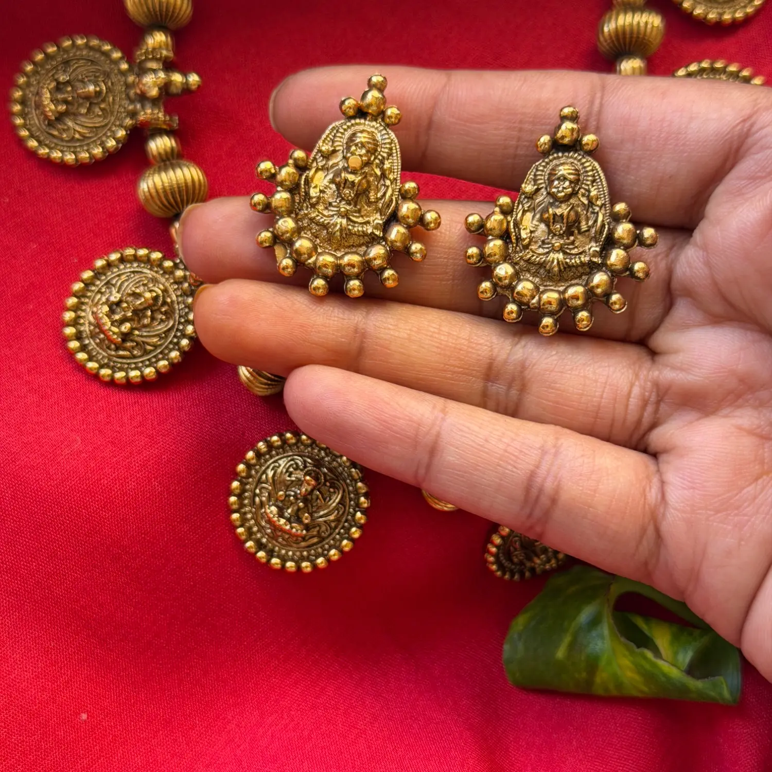 Gold Replica Antique Temple Goddess Lakshmi Coin Medallion Necklace Set – Fluted Bead Spacer Chain & Matching Lakshmi Stud Earrings