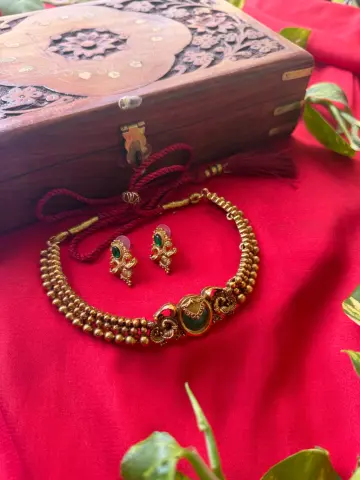 Gold Replica Antique Triple-Strand Beaded Choker Set – Oval Emerald Kemp Center Medallion, Peacock Wings & Matching Drop Earrings