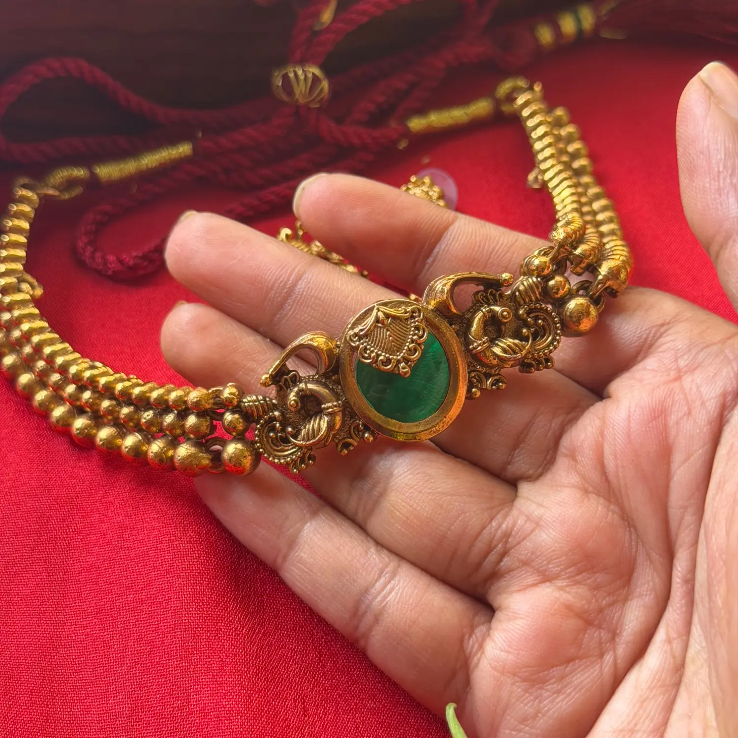 Gold Replica Antique Triple-Strand Beaded Choker Set – Oval Emerald Kemp Center Medallion, Peacock Wings & Matching Drop Earrings