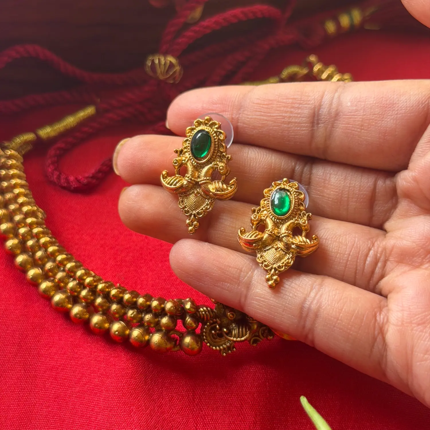 Gold Replica Antique Triple-Strand Beaded Choker Set – Oval Emerald Kemp Center Medallion, Peacock Wings & Matching Drop Earrings