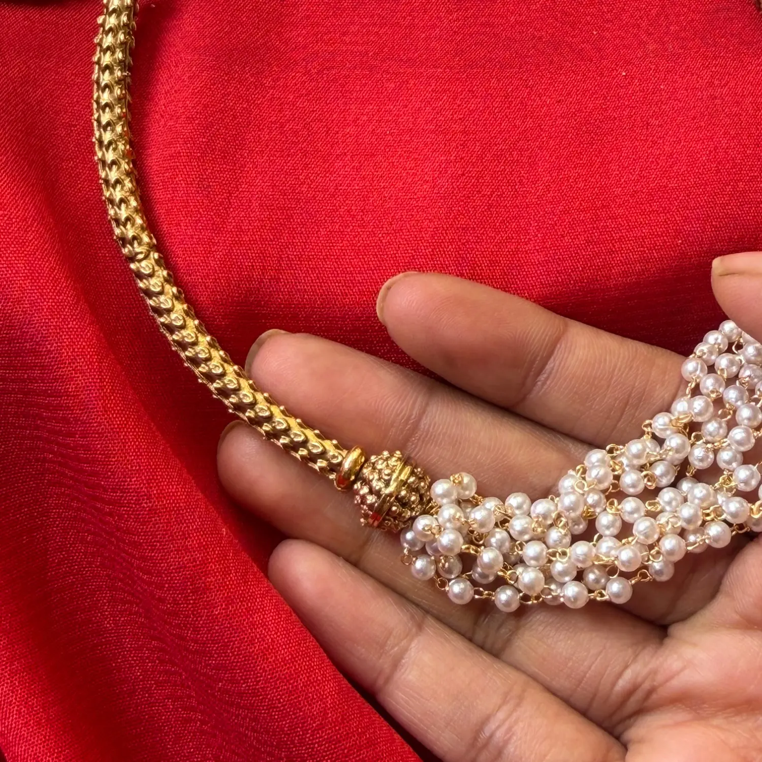 Pearl Cluster Mesh Collar Choker Set – Woven Micro-Pearl Mesh Band, Textured End Caps & Matching Pearl Cluster Studs