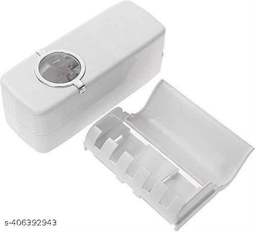 Fab Innovations Hands Free Wall Mounted Plastic Dust Proof Automatic Toothpaste Dispenser and Detachable Hole 5 Toothbrush Holder, Whitetoothbrush holder toothpaste dispenser