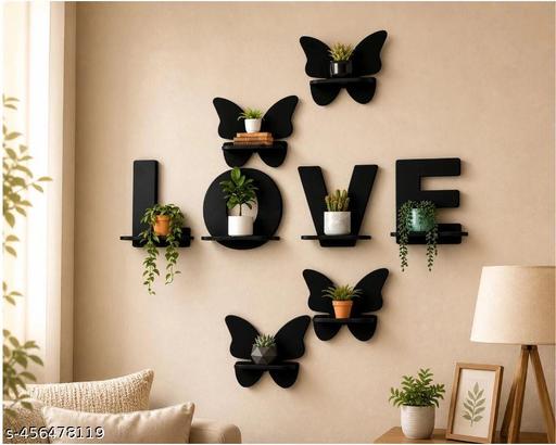 Kenware Engineered Elegance Multipurpose Love Design Wooden Floating Wall Shelf Hanging Shelves Wall Art for Home | Office | Living Room Decor Wall Display Shelf (Set of 8, BROWN)
