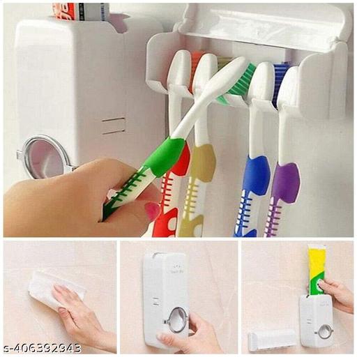 Fab Innovations Hands Free Wall Mounted Plastic Dust Proof Automatic Toothpaste Dispenser and Detachable Hole 5 Toothbrush Holder, Whitetoothbrush holder toothpaste dispenser