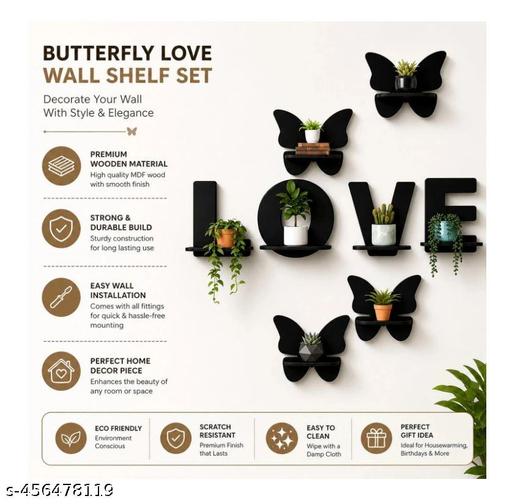 Kenware Engineered Elegance Multipurpose Love Design Wooden Floating Wall Shelf Hanging Shelves Wall Art for Home | Office | Living Room Decor Wall Display Shelf (Set of 8, BROWN)