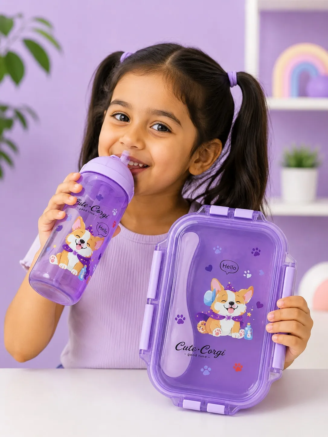Happy Kids Lunch Box & 500 ml Sipper Set – Purple