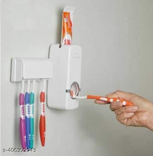 Fab Innovations Hands Free Wall Mounted Plastic Dust Proof Automatic Toothpaste Dispenser and Detachable Hole 5 Toothbrush Holder, Whitetoothbrush holder toothpaste dispenser