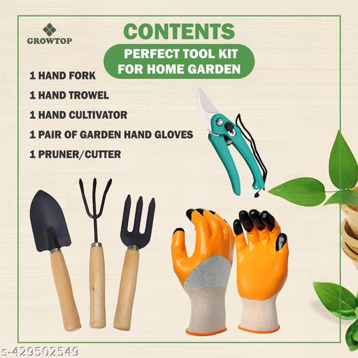GROWTOP Modern Gardening Tools - Flower Cutter/Garden Shear/Pruner & Big Garden Tool Set Wooden Handle Hand Cultivator, Trowel, Garden Fork with Gloves (Set of 5)