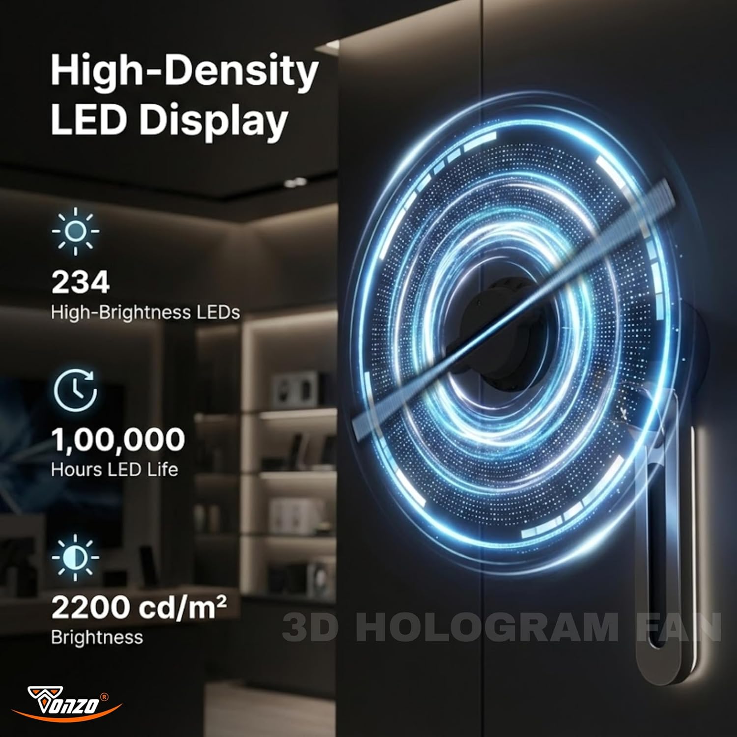 TONZO 42 cm 3D Hologram Fan Display | LED Holographic Advertising Display with 234 LEDs, 2200×234 Resolution, Wi-Fi & Bluetooth App Control | Wall Mount 3D Video & Image Display for Shop