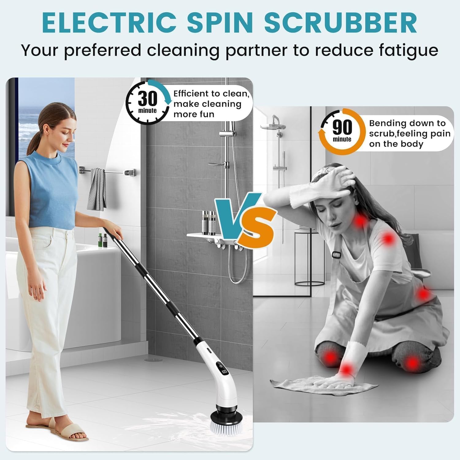 9 in 1 Electric Spin Scrubber,Cleaning Brush Scruber for Home, 400RPM/Mins-9 Replaceable Brush Heads-90Mins Work Time,Adjustable Size,2 Adjustable Speeds for Bathroom Shower